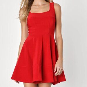 Lulus - Home Before Daylight Red Square Neck Sleeveless Skater Dress